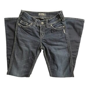 WOMENS SILVER SUKI 26X31 JEANS MID SLIM BOOT FLUID DENIM FLAP POCKET DARK